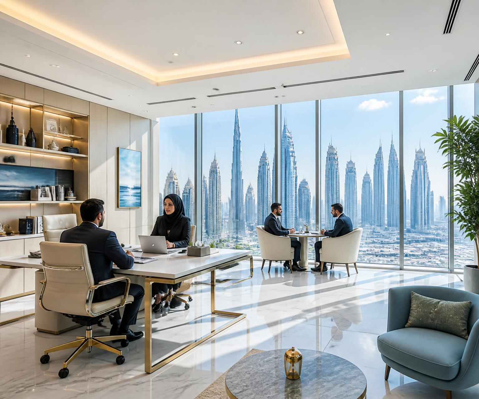 Metatick executives in a luxury corporate office overlooking the Dubai skyline