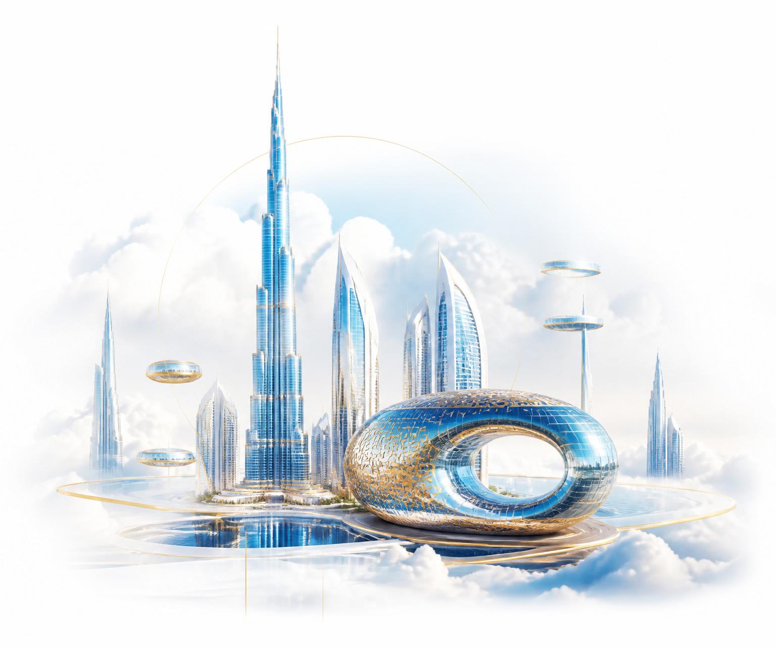 Luxury futuristic skyline inspired by Dubai with floating glass towers